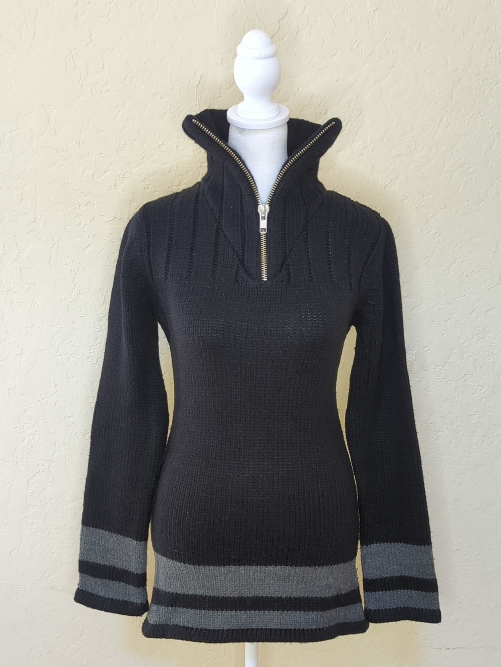Morgan de Toi Vintage Y2K Black 1/4 Zip Cable Knit Wool Sweater Tunic Size Small